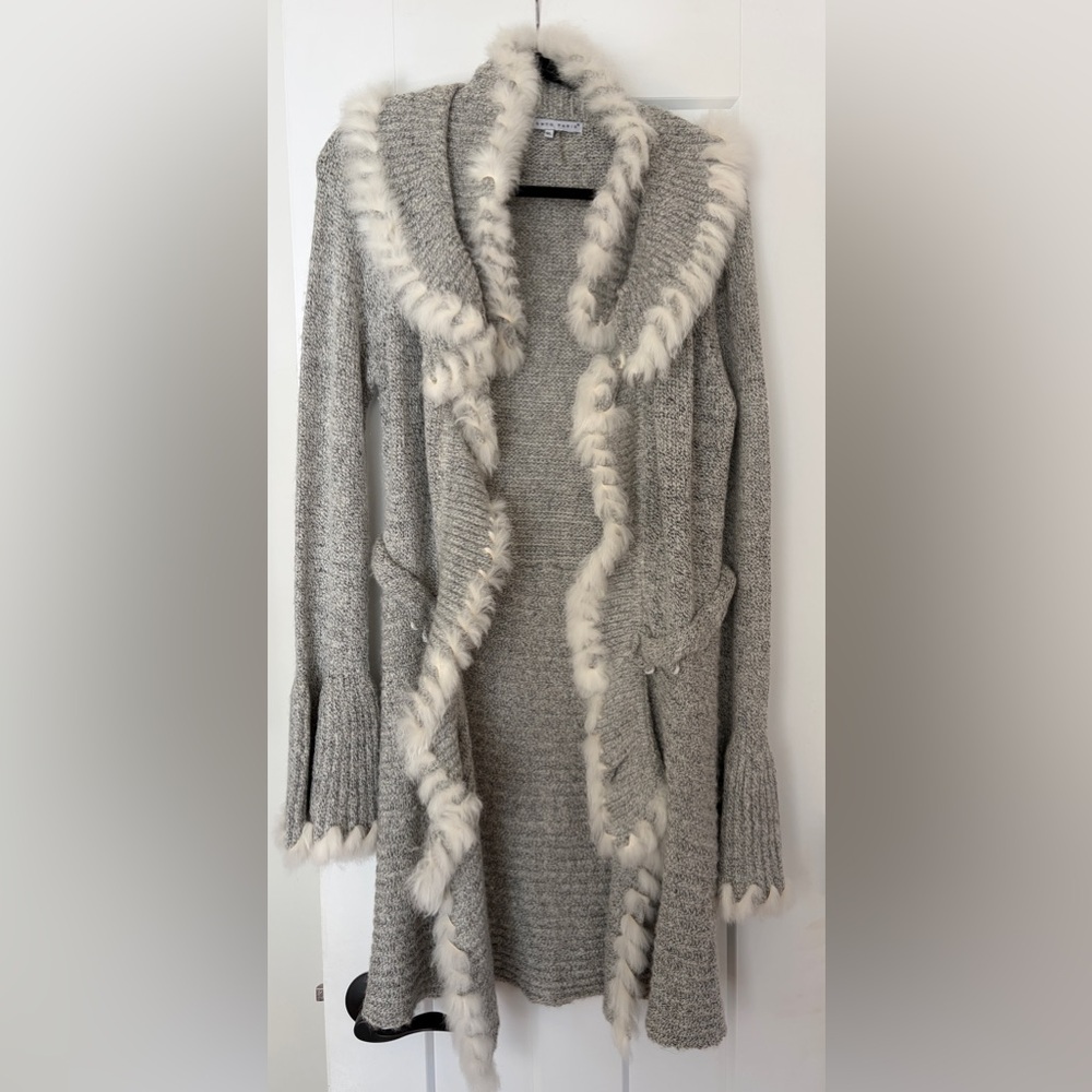 Tempo Paris Gray Cardigan with Cream Fur Trim